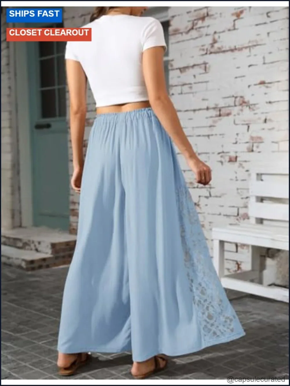 Linen Wide Leg Pants Lace Patchwork Boho Elastic Waist Palazzo Pockets